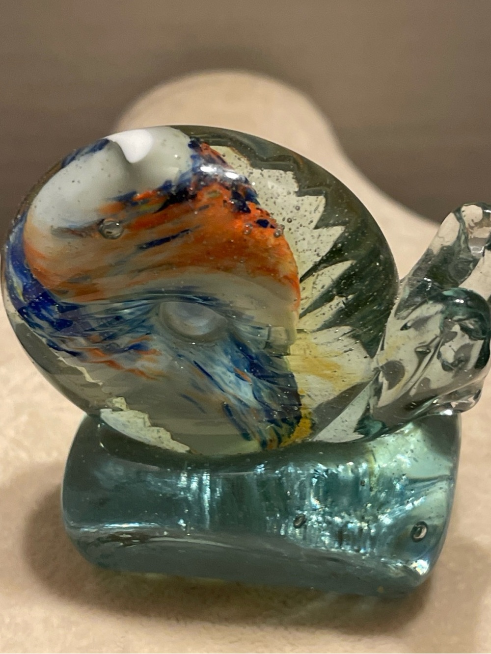 Vintage small Hand-Blown Glass Snail in Blue and Orange